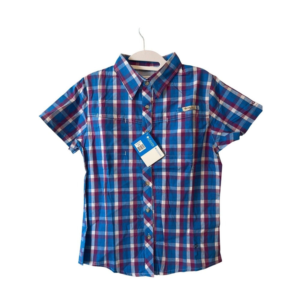 Columbia PFG Kids Short‎ Sleeve Plaid Button Up Shirt Blue Purple M 10-02138